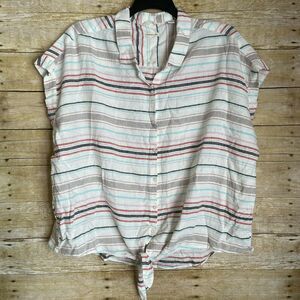 Weatherproof Vintage Washable Linen Striped Shirt - Size XXL - Tie Front Top